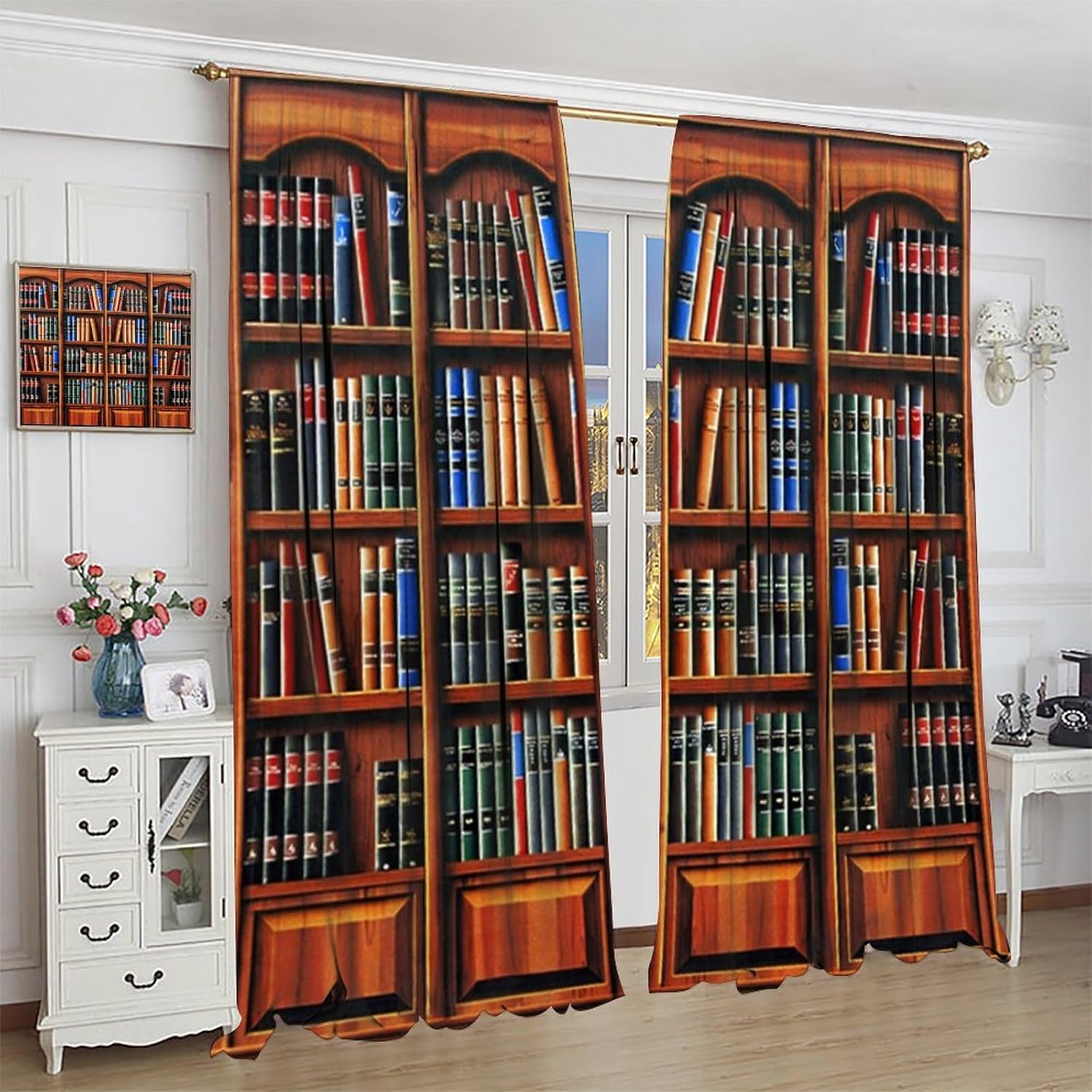 Japanese Lifestyle Books - Retro Bookcase Curtains,Vintage Library Books Art
